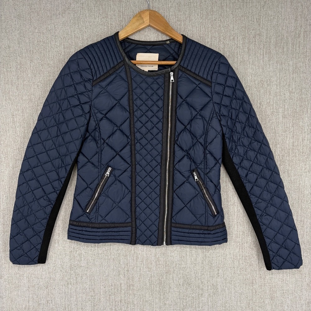 Rebecca Taylor Quilted Moto Puffer Jacket 4 Navy Blue Faux Leather Trim